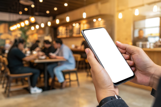 Person holding a smartphone in a busy coffee shop