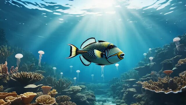 Coral reef, a colorful triggerfish swimming near delicate corals, crystal-clear water, sunlight filtering through the ocean, rich marine life
