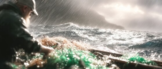 Stormy ocean, fisherman at work