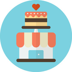A stylized illustration of a bakery shop with a tiered cake and a heart.