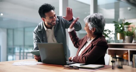 Business, high five and people in workplace, laptop and achievement with B2B deal. Employees, financial agency or support with PC, success or stock market with opportunity, profit increase or trading - Powered by Adobe