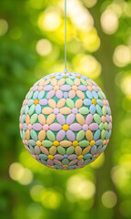 Spherical garden ornament decorated with pastel colored flower petals hanging outdoors