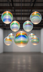 Spherical Glass Chandeliers with Rainbow Swirls Hanging in a Gallery Space sphere light