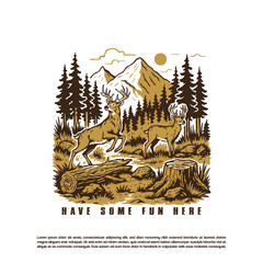 Hand drawn two deer in the wild forest mountain background