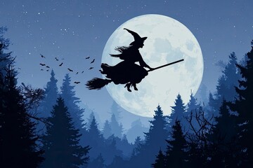 A witch silhouette flies on a broomstick against a full moon backdrop
