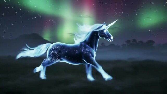 unicorn galloping through a misty meadow under the aurora borealis, leaving a trail of sparkles.