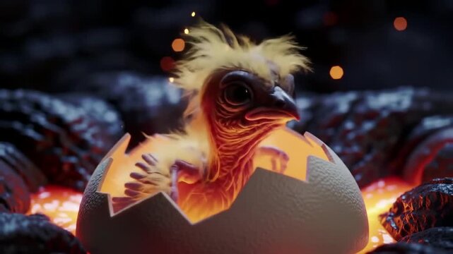 baby phoenix hatching from a glowing egg in a volcanic nest, fiery feathers slowly emerging.