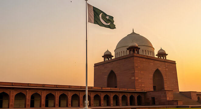 Pakistan flag waving atop a tall pole with mausoleum of allama iqbal in the background at sunset