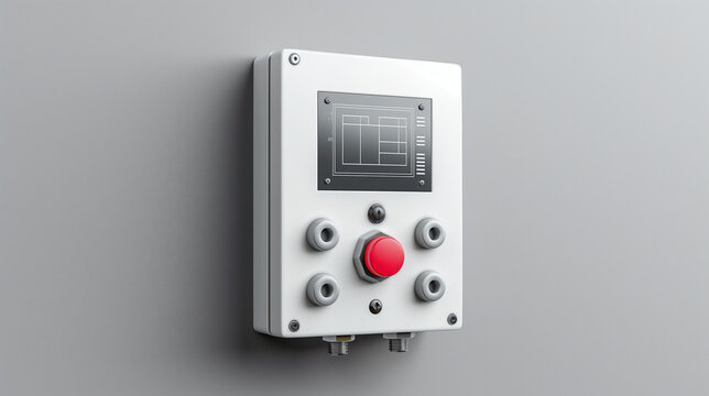 Industrial control panel with red emergency stop button and digital screen. Essential equipment for automation, safety systems, and factory interfaces.