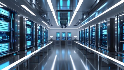 Modern futuristic server room with blue lights and reflective floor