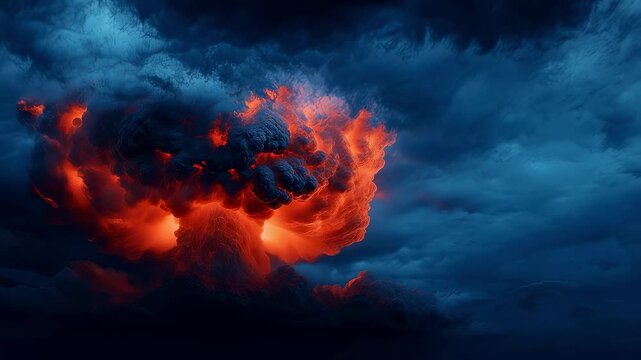 An abstract representation of nuclear warfare featuring a fiery explosion contrasted against a dark ominous sky capturing the fear and uncertainty surrounding military confrontations