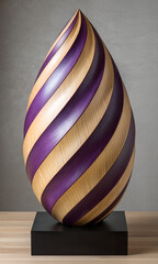 Swirling Purple and Natural Wood Tear Drop Sculpture on Black Pedestal image photo