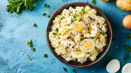 Traditional potato salad with egg and mayonnaise on blue background