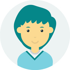 A cartoon style portrait of a person with teal hair and a light skin tone, set against a circular background.