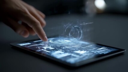 Hand interacting with a holographic interface on a digital tablet, projecting data analysis, graphs, and binary code in a modern business environment - Powered by Adobe