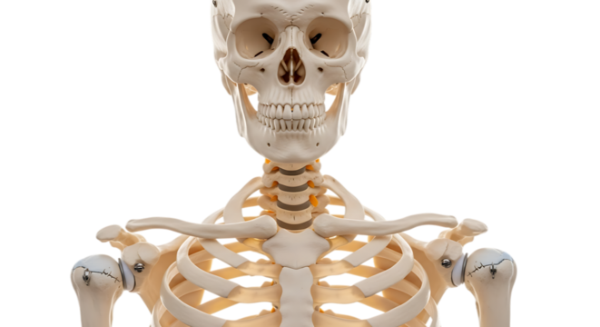 Closeup view of a human skeleton, focusing on the skull and rib cage, isolated on transparent background