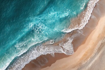 Aerial View Of Turquoise Waves On Sandy Beach