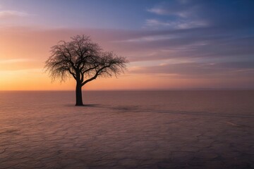 Solitary tree silhouetted against a stunning pastel sunrise over a vast, dreamy landscape evoking peace and tranquility at dawn