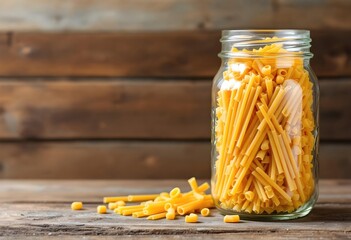 clear mason jar filled with dry spaghetti on rustic wooden shelf with soft light
