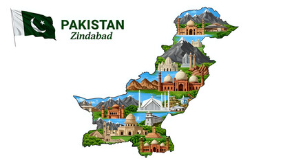 Illustrated map of pakistan with flag and landmarks on a white background with pakistan zindabad text