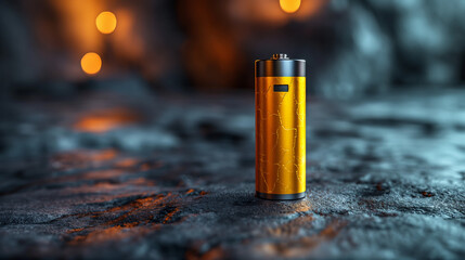 High-energy golden battery on textured surface. Powerful energy concept for sustainability, portable tech devices, product ads, and science visuals.