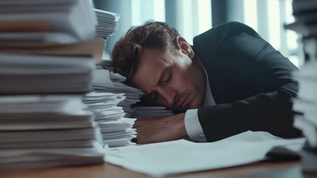 Man sleeping on desk surrounded by stack of paperwork showing exhaustion stress tired businessman resting head in busy office business environment fatigue and pressure