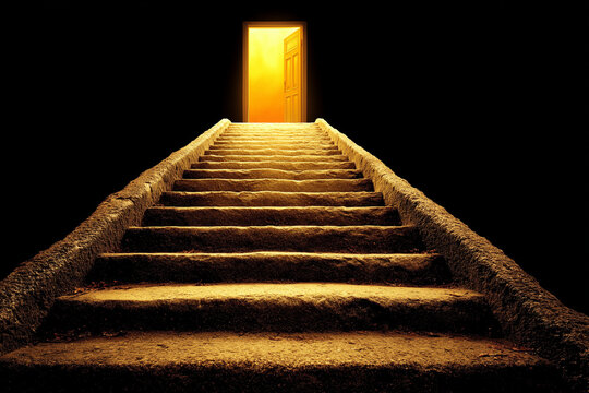 Stairway leading to glowing open door in darkness