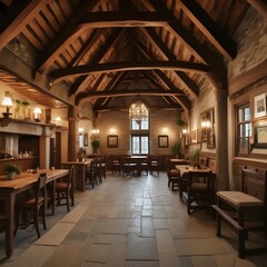 Atmospheric restaurant interior with exposed wooden beams and stone floor.