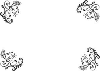 Frame of patterns in each corner of the background. The pattern consists of various decorative elements. Black, gray color. White copy space. Print texture. Scratches, incomplete printed image.