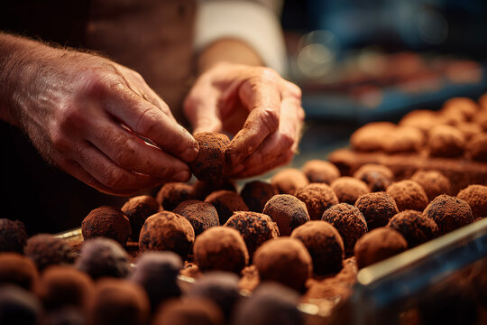 Hands making artisanal chocolate truffles in confectionery workshop