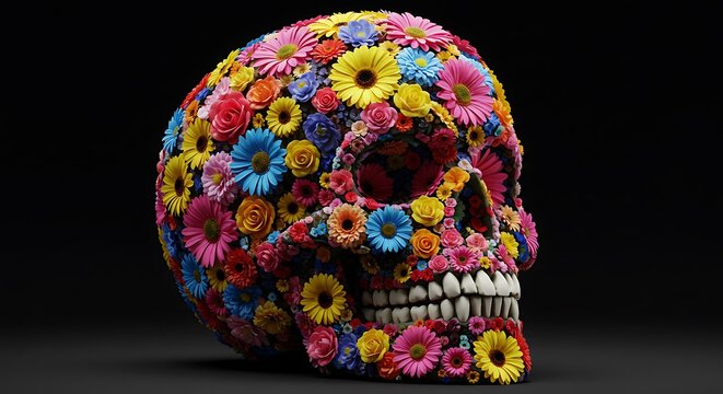 Floral Skull: Vibrant 3D Render, Dark Background