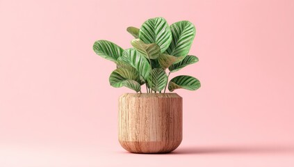 Fototapeta premium Light green plant in light brown wooden pot on pink background