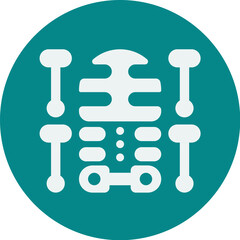 Stylized illustration of a white, interconnected mechanical component, set against a teal background.