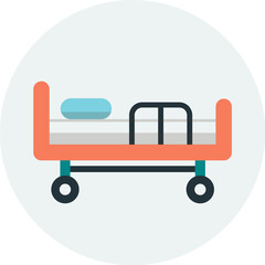 Illustration of an empty hospital bed with orange frame, wheels, and a blue pillow, set against a light gray background.