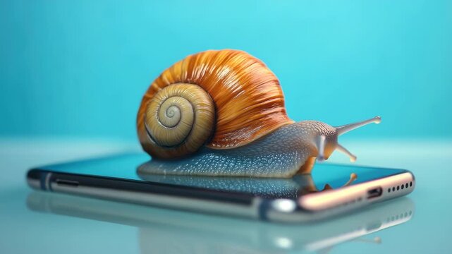 Snail with brown spiral shell crawling on modern smartphone reflective screen close up on blue background symbolizing slow technology mobile device internet speed concept