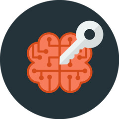 Brain icon with circuit board design and a key unlocking it, on a dark circle.