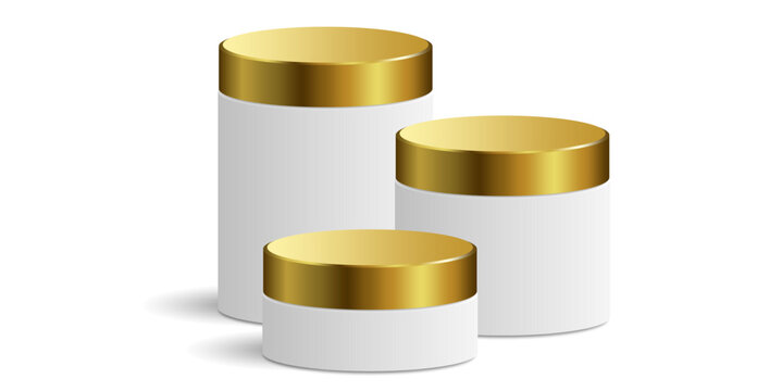 White and gold cylinder podium stage platforms pedestal vector. Ideal for product showcases, awards ceremonies, or luxury presentations. elegant, multi-tiered display for premium items