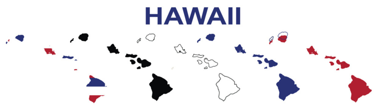 natinal colour,silhoutte,blue and Outline map of Hawaii. Isolated vector illustration.