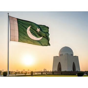 Pakistan flag waving near the mazar e quaid mausoleum at sunset in karachi pakistan asia landmark