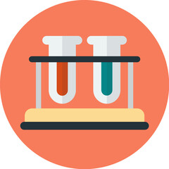 Two test tubes with colored liquids, held in a laboratory stand, on a circular background.