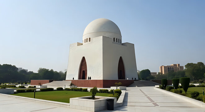 Mausoleum of quaid e azam in karachi pakistan with manicured lawns and a clear blue sky background