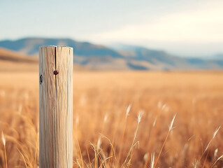 Close-up Wooden Fence Post in Golden Field with Mountains