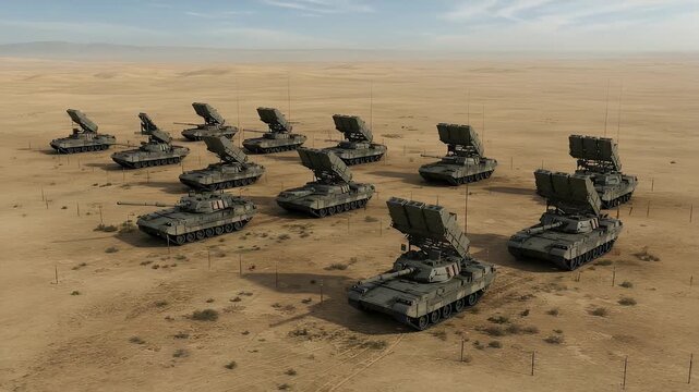Desert-based military vehicles with raised launchers are arranged in rows