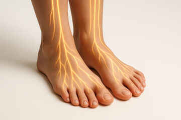 Joint pain concept with glowing nerve anatomy on feet showing medical health diagnosis and anatomy medical scan for pain relief and treatment illustration