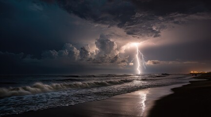 Night seascape with dramatic lightning strike over ocean waves