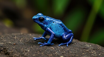 Obraz premium Vibrant Blue Poison Dart Frog on Stone, Macro Photography, Rainforest Habitat.