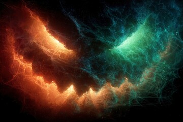 Eerie cosmic nebula resembling a jackolantern face split in orangered and bluegreen hues against a dark space