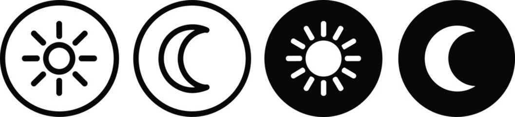 Cad drawing flat vector illustration, sun and moon icon set, day night symbols, dark mode light mode icons, UI elements