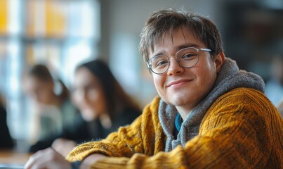 Man with Down syndrome attending an education class in a community center, highlighting the importance of inclusivity and accessible learning for individuals with disabilities, Generative AI