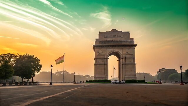 Fototapeta India gate monument in delhi at sunrise isolated on white background